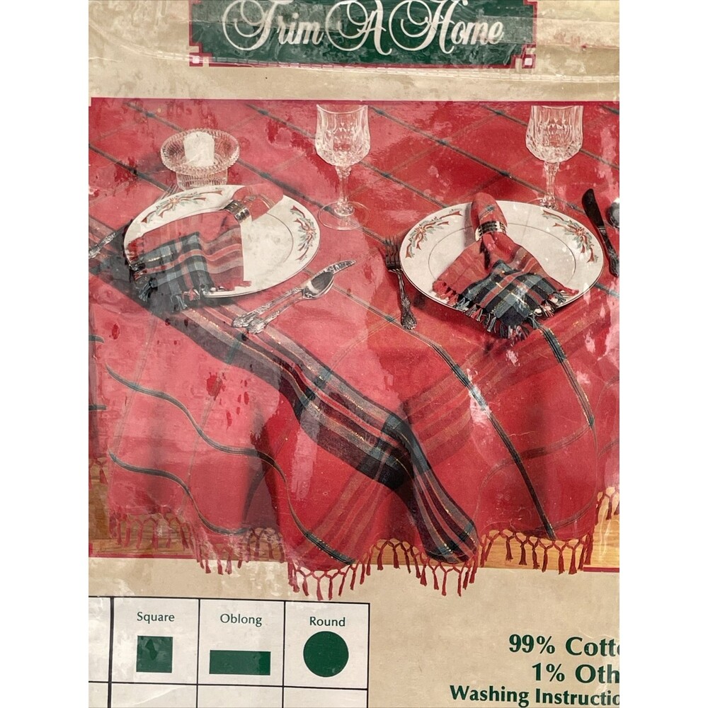 Trim A Home Christmas Table Cloth 70" Round Plaid With Fringe Gold Shimmer NOS
